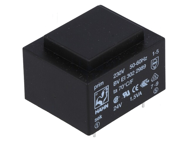 Transformator: ingegoten; 1,5VA; 230VAC; 24V; 62mA; PCB; BVEI Transformator: ingegoten; 1,5VA; 230VAC; 24V; 62mA; PCB; BVEI